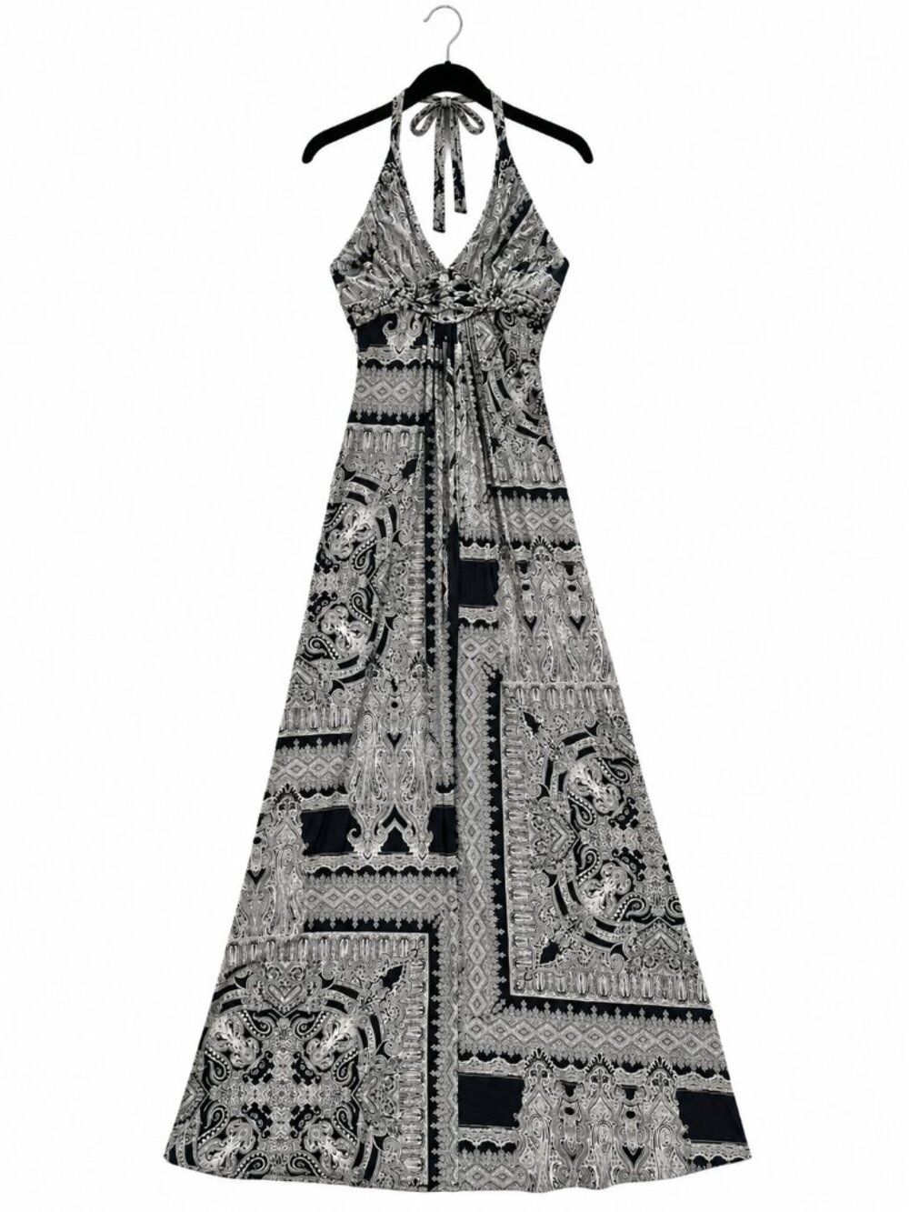 SKY Black Ivory Paisley Halter Maxi Dress Boho Size Small